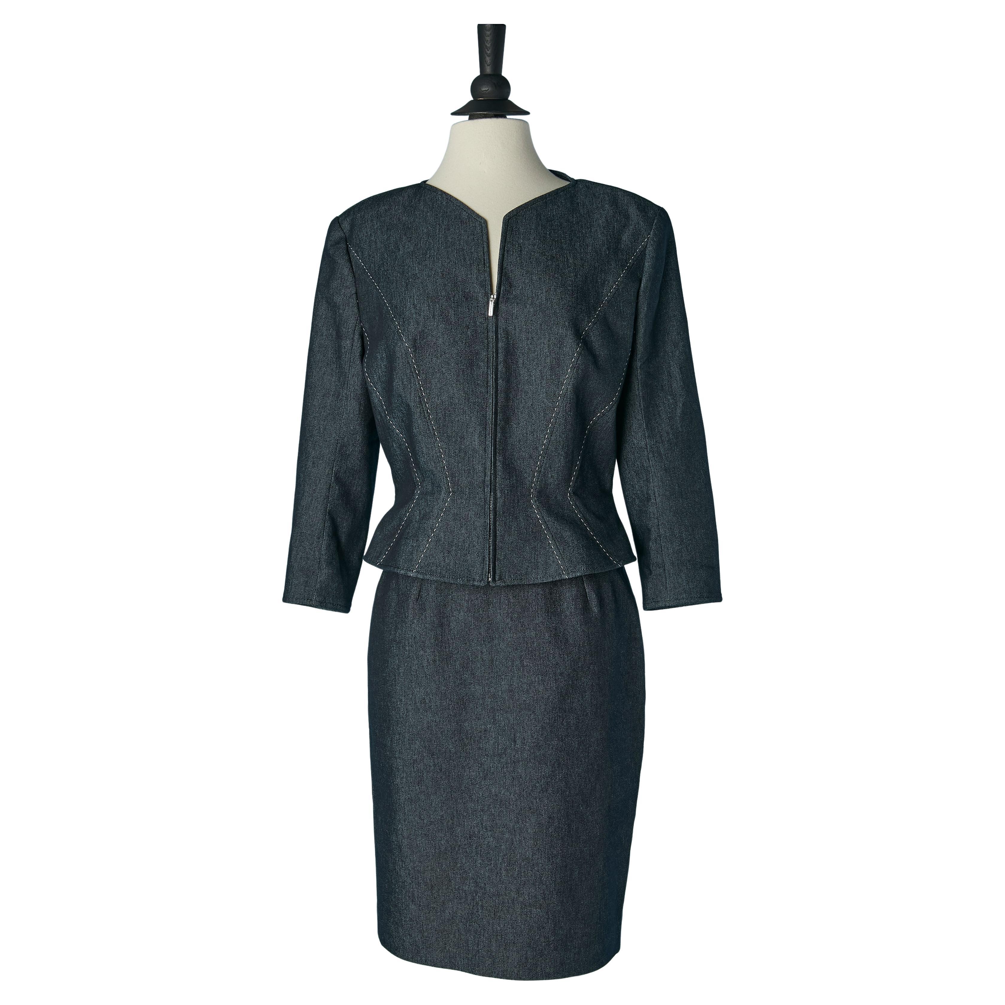 Denim skirt-suit with zip closure on the middle front MUGLER For Sale