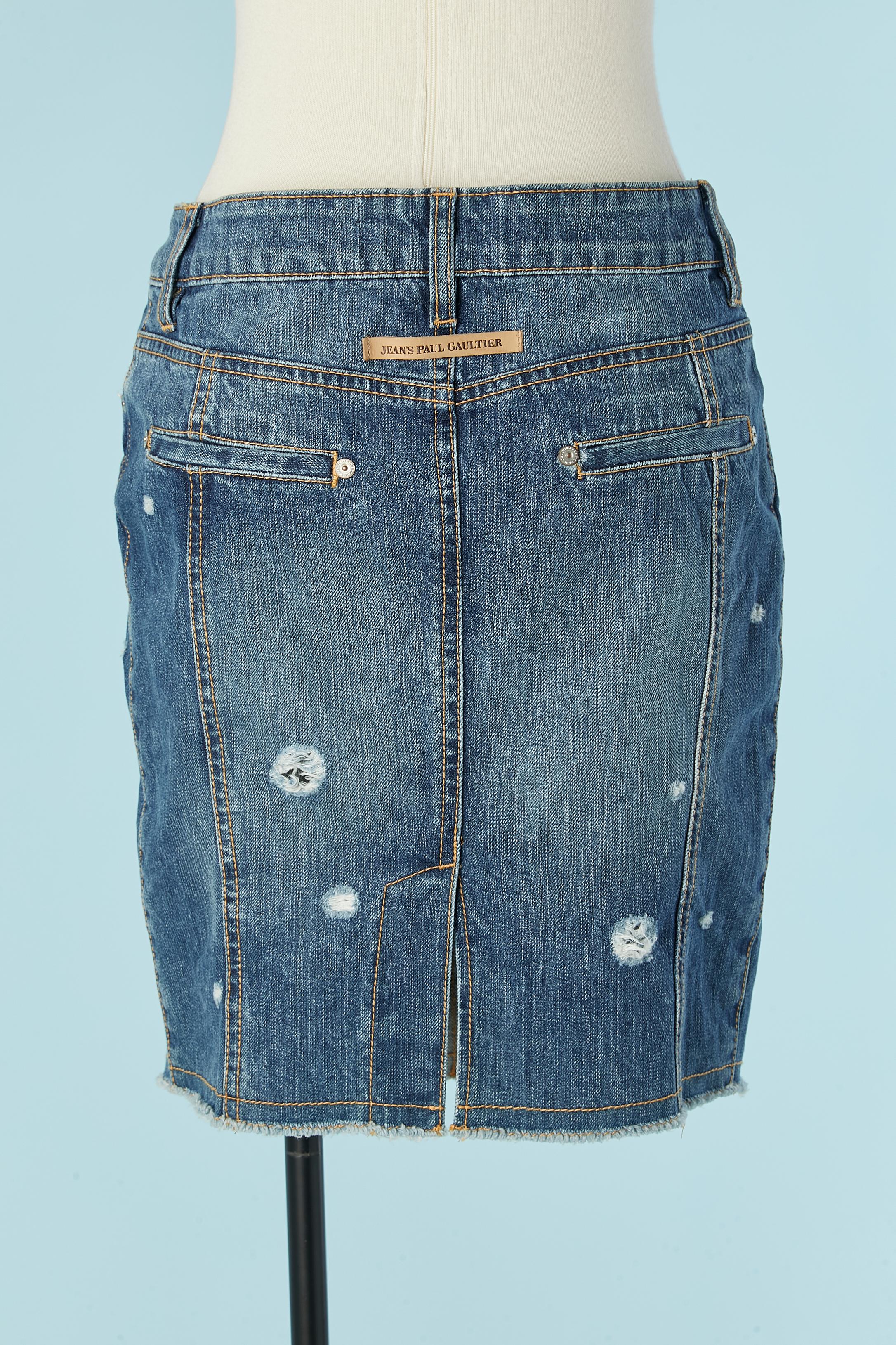 Women's Denim skirt with cut-work , top stitching and holes Jean-Paul Gaultier Jeans For Sale
