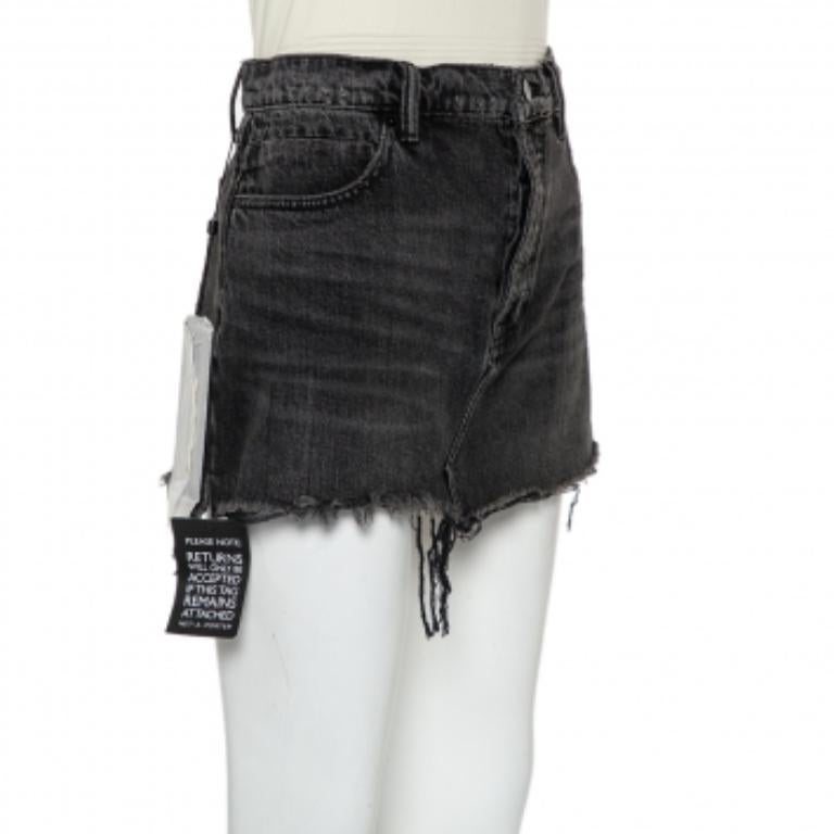 Denim X Alexander Wang Charcoal Grey Denim Distressed Frayed Hem Mini Skirt M For Sale 1