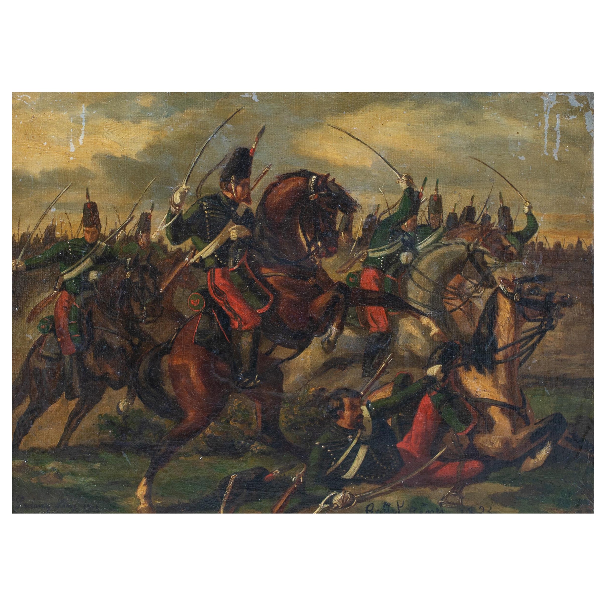 Charge des Hussars français lors de la bataille de Waterloo 19e siècle - Painting de Denis Auguste Marie Raffet