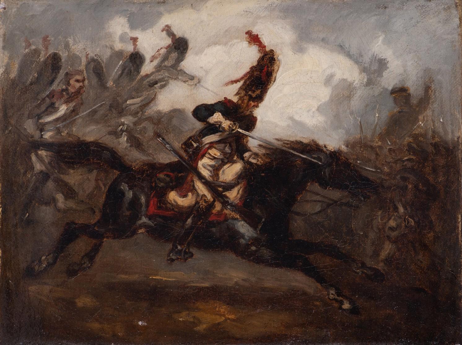 Denis Auguste Raffet (1804-1860)  A charging Hussar, oil on canvas