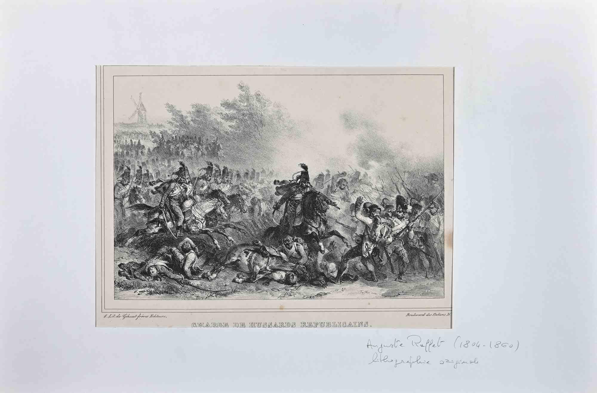 Charge of Hussars Republicans is an original Lithograph realized by Denis Auguste Marie Raffet in 1832.

Signature on the lower margin, the artwork represents a military troop in a battle.

Good condition except for some foxing on the yellowed