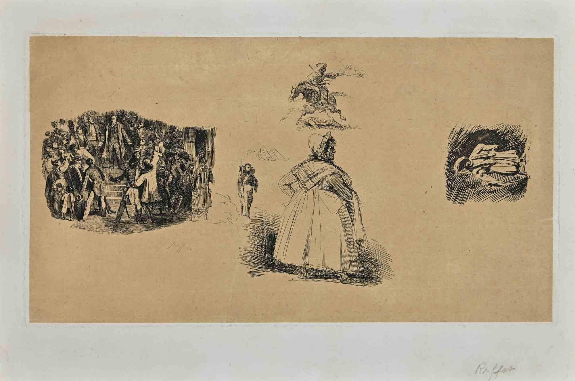 Portraits ist eine Original-Radierung von Auguste Raffet aus dem 19. Jahrhundert.

Signiert auf der Platte unten rechts.

Gute Bedingungen auf einem cremefarbenen Karton.

Denis Auguste Marie Raffet (1804 - 1860) war ein französischer Illustrator