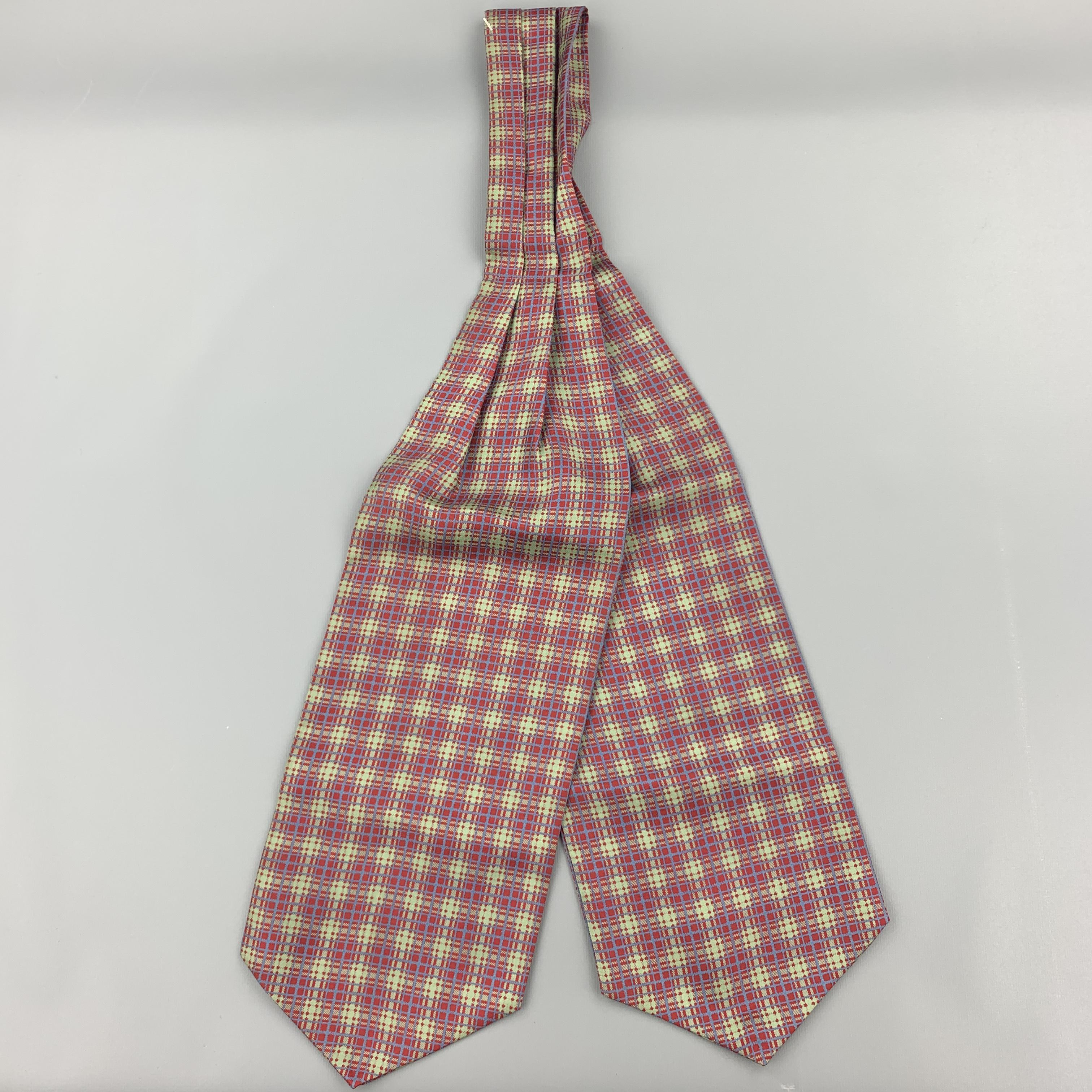 DENIS COLBAN ascot comes in a burgundy & green plaid silk. Made in France.

Excellent Pre-Owned Condition.
Measurements:

Shortest Width: 2.5 in. 
Longest Width: 6 in. 
Length: 46 in.