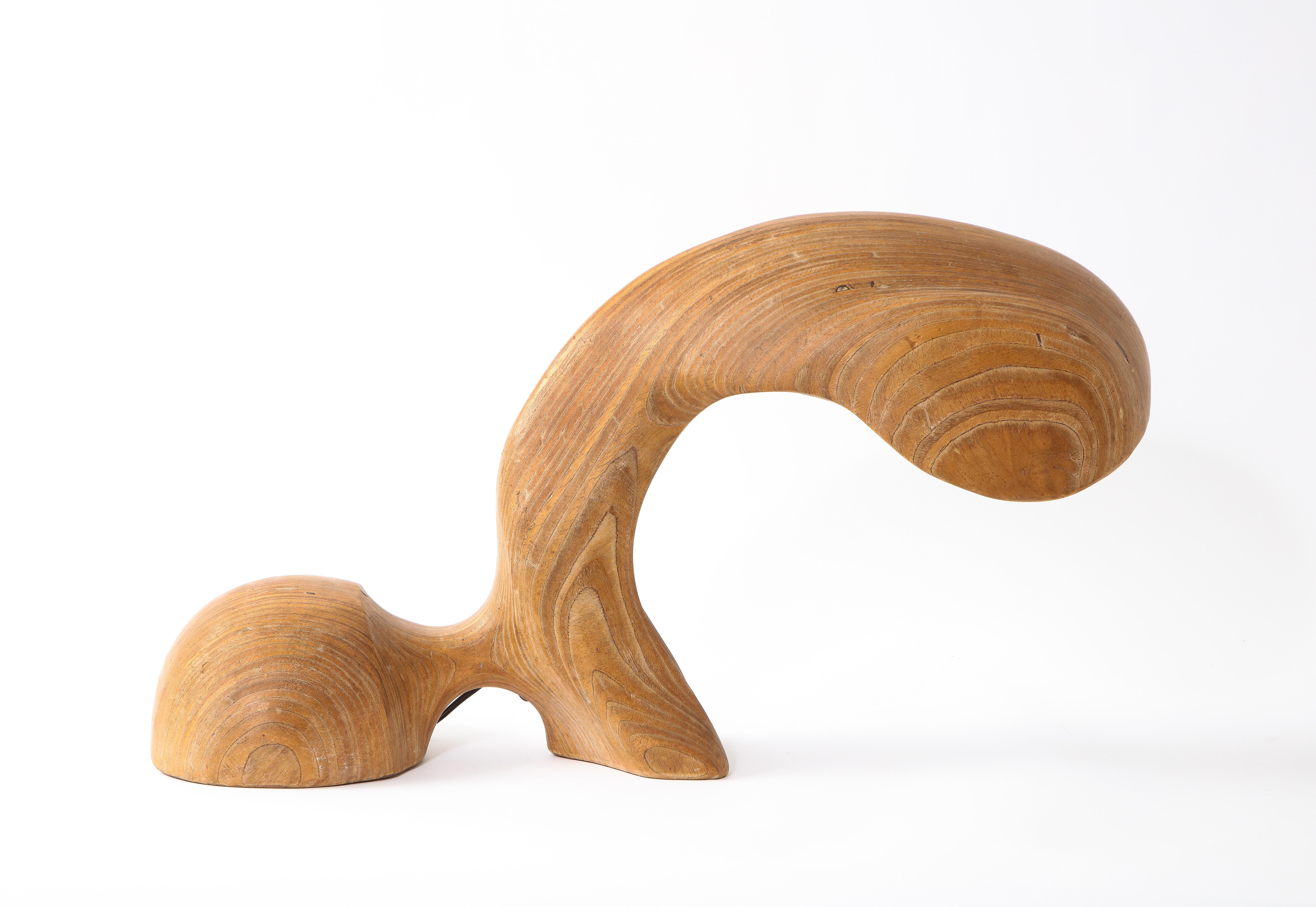 Biomorphic table lamp, hand carved out of a laminated block of various essences of wood. Cospen's work is reminiscent of the form experiments of Luigi Colani. Rewired.