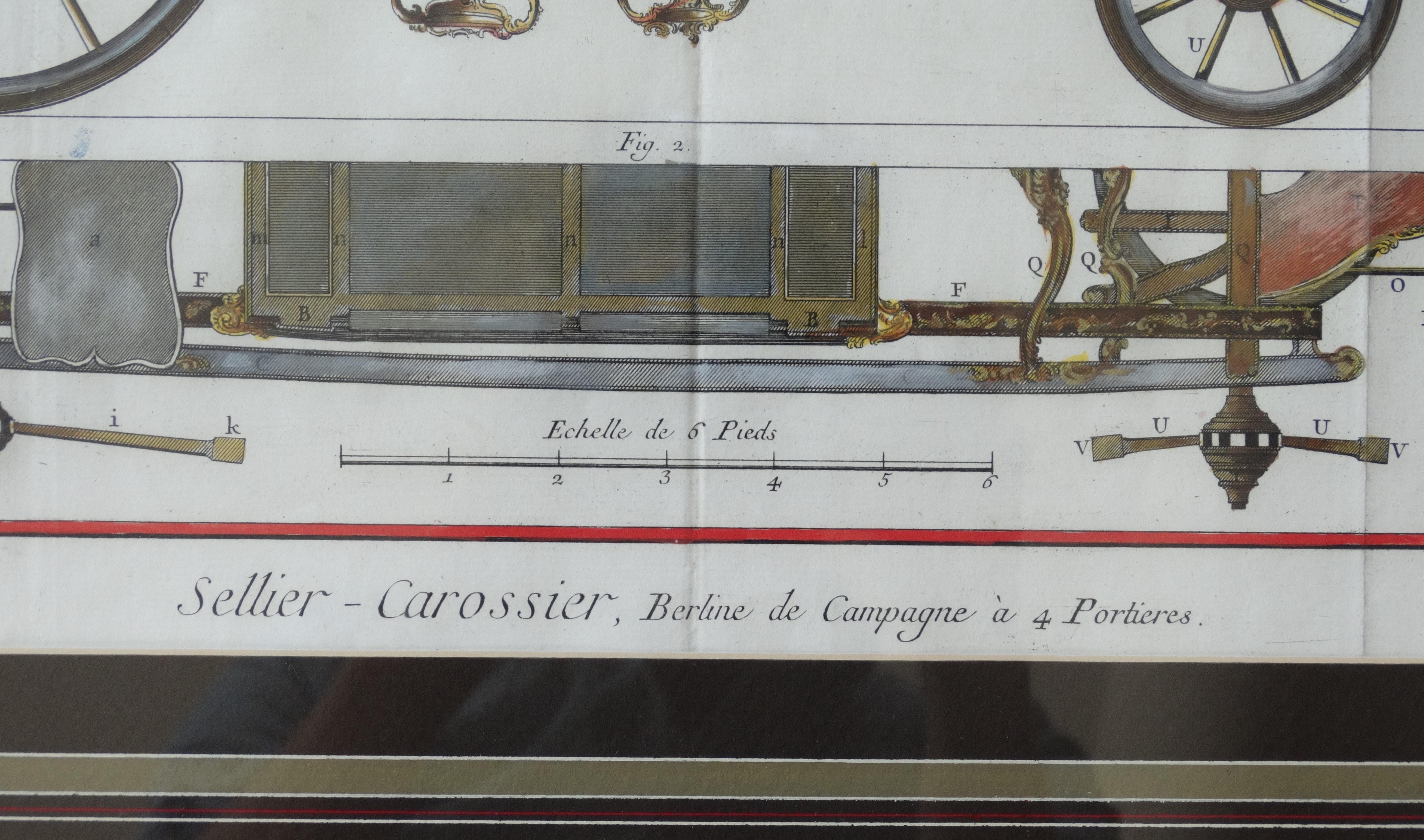 Horse Carriages, Pair of Hand Colored Copper Engravings by Denis Diderot c. 1754 7