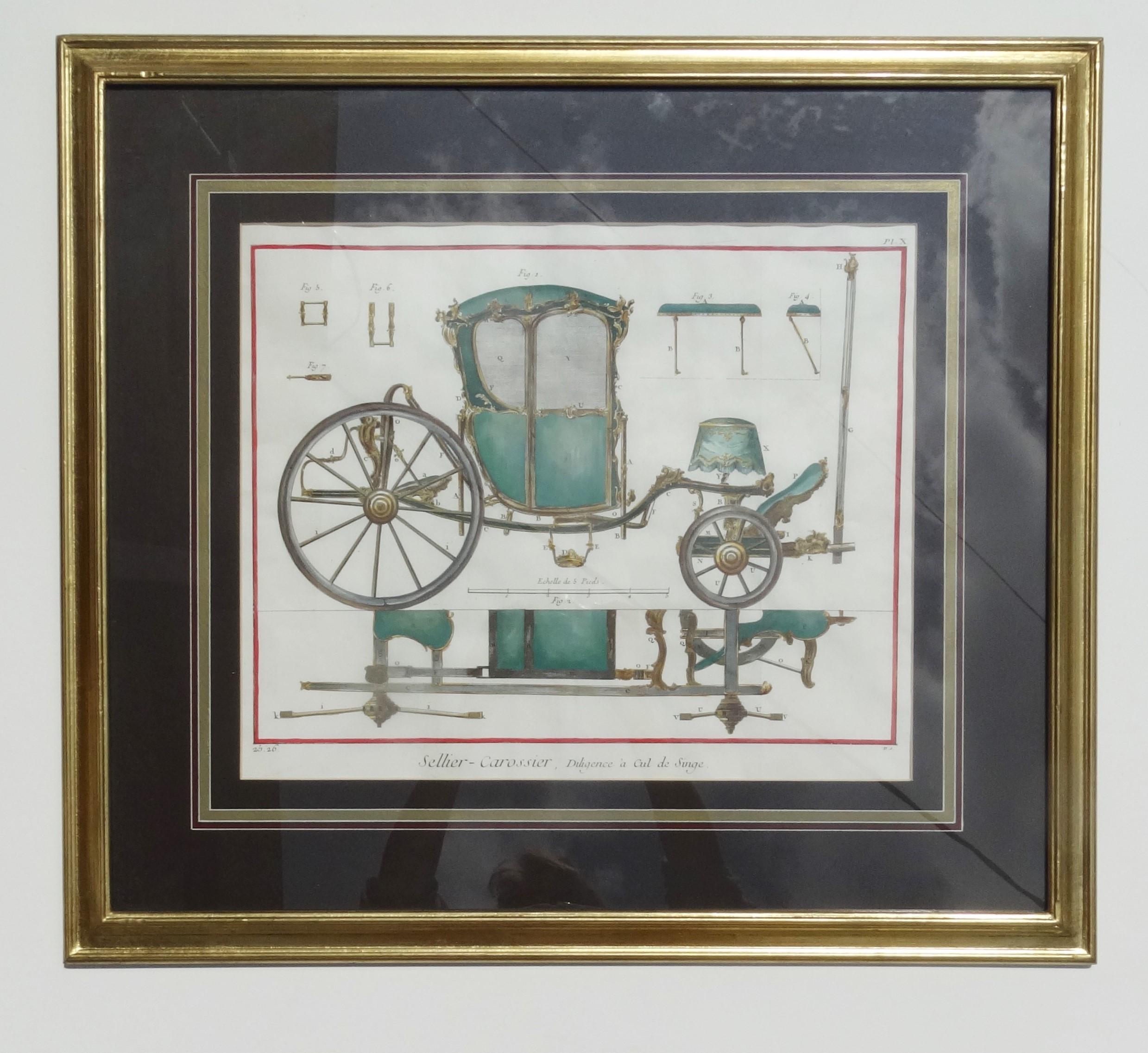 Horse Carriages, Paar handkolorierte Kupfergravuren von Denis Diderot, um 1754 1