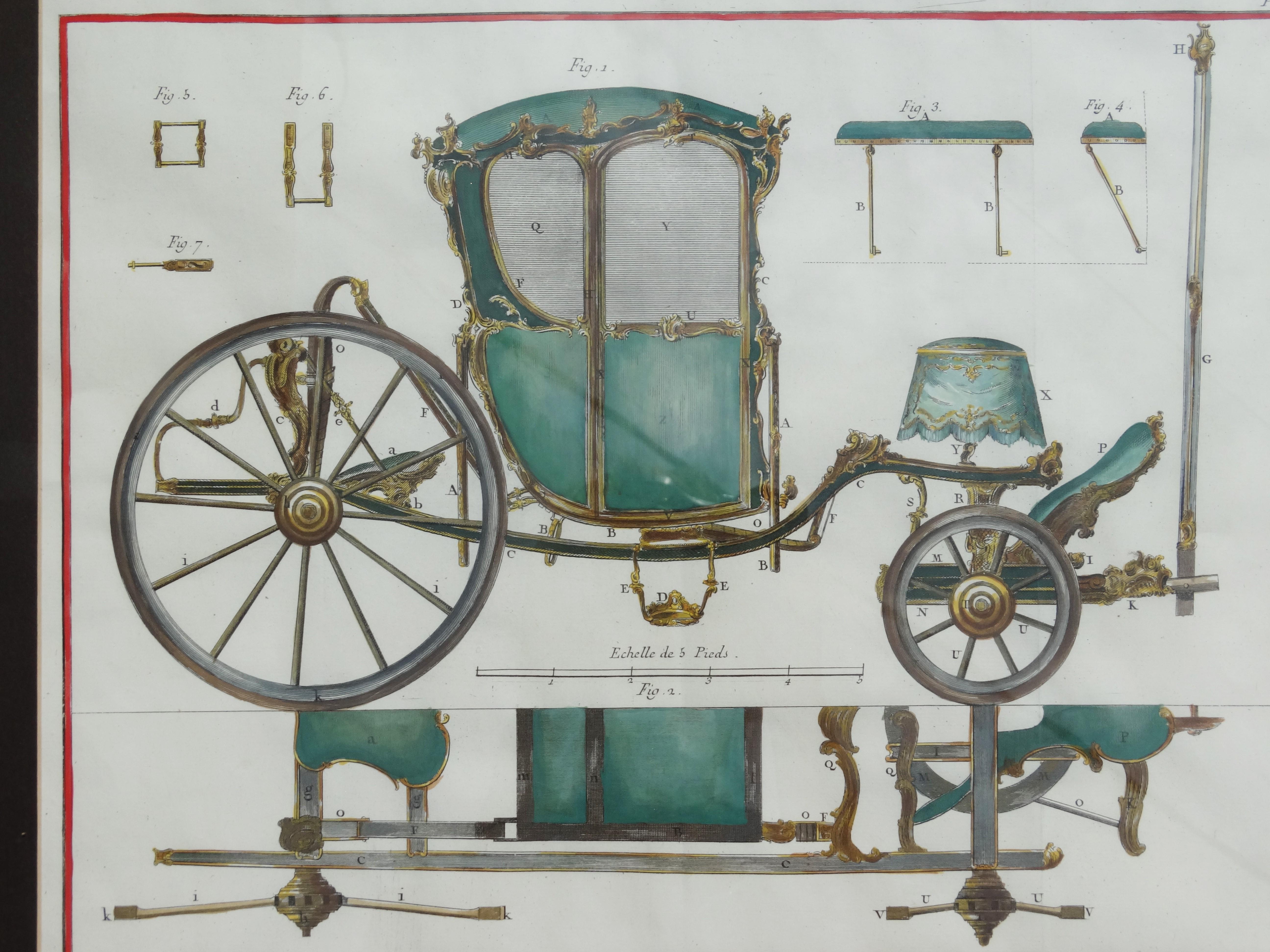 Horse Carriages a Pair of Hand Colored Copper Engravings by Denis Diderot circa 1754, Paris, France.

Prints come from the 