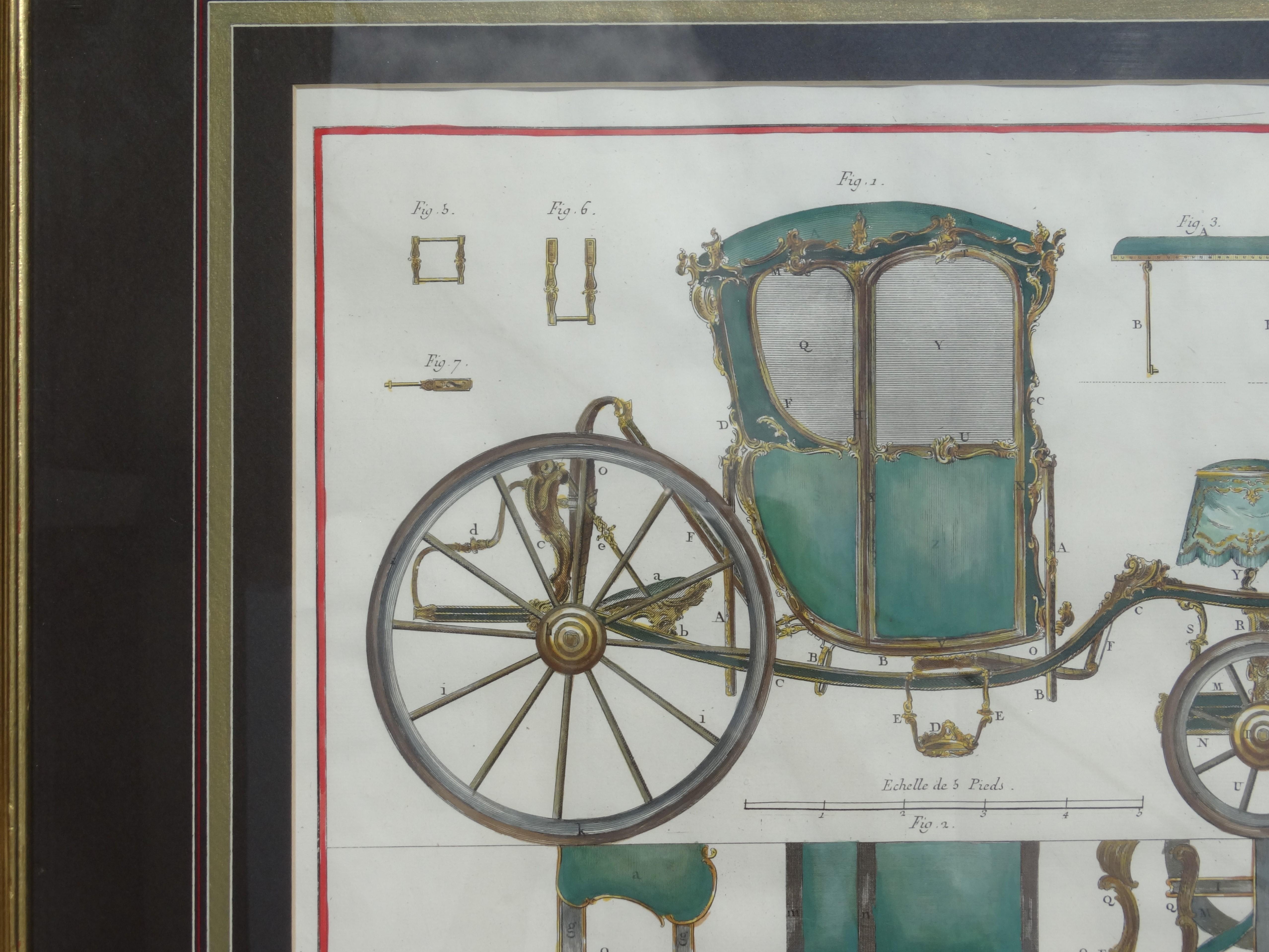 Horse Carriages, Pair of Hand Colored Copper Engravings by Denis Diderot c. 1754 2