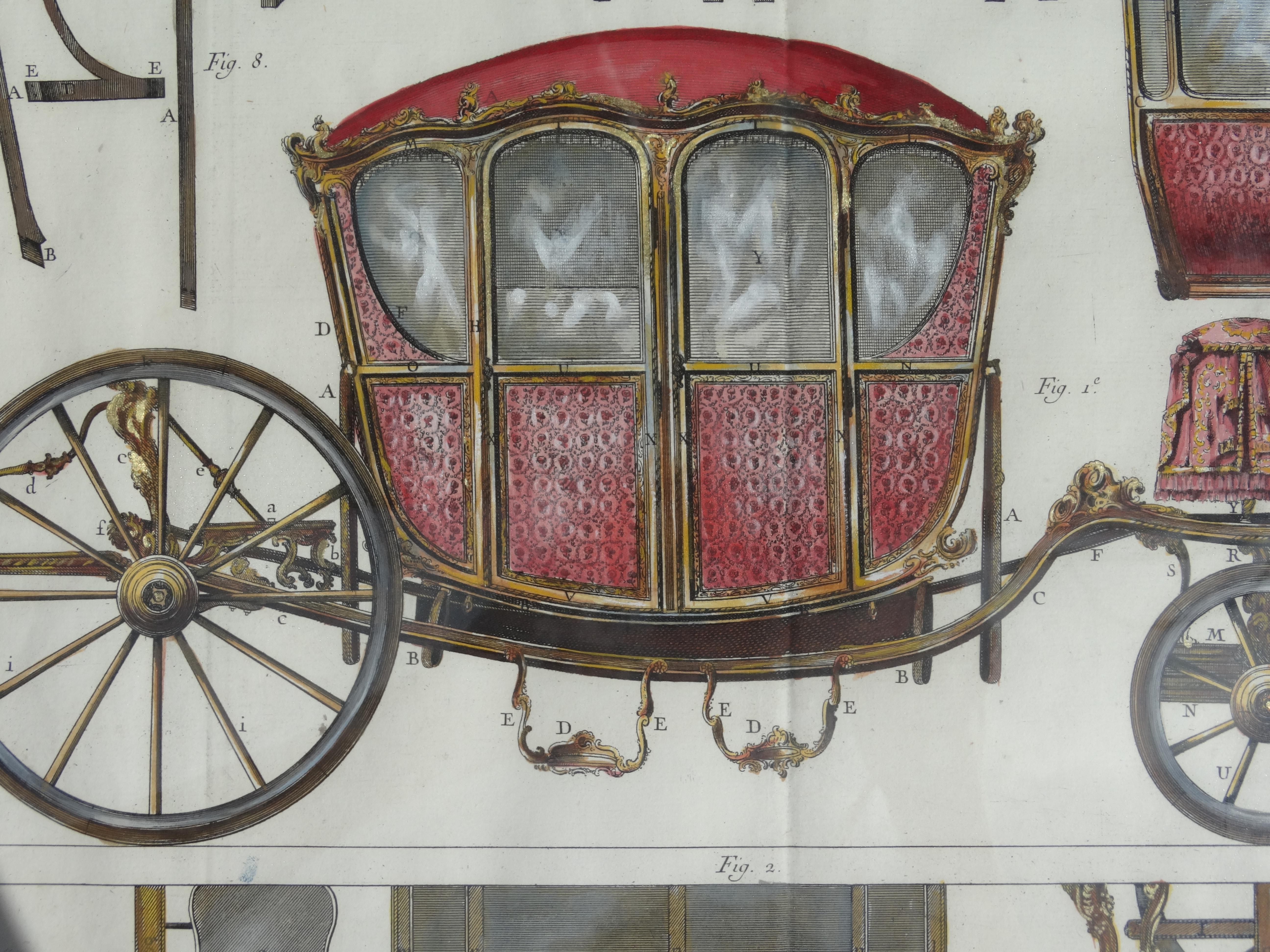 Horse Carriages, Pair of Hand Colored Copper Engravings by Denis Diderot c. 1754 6