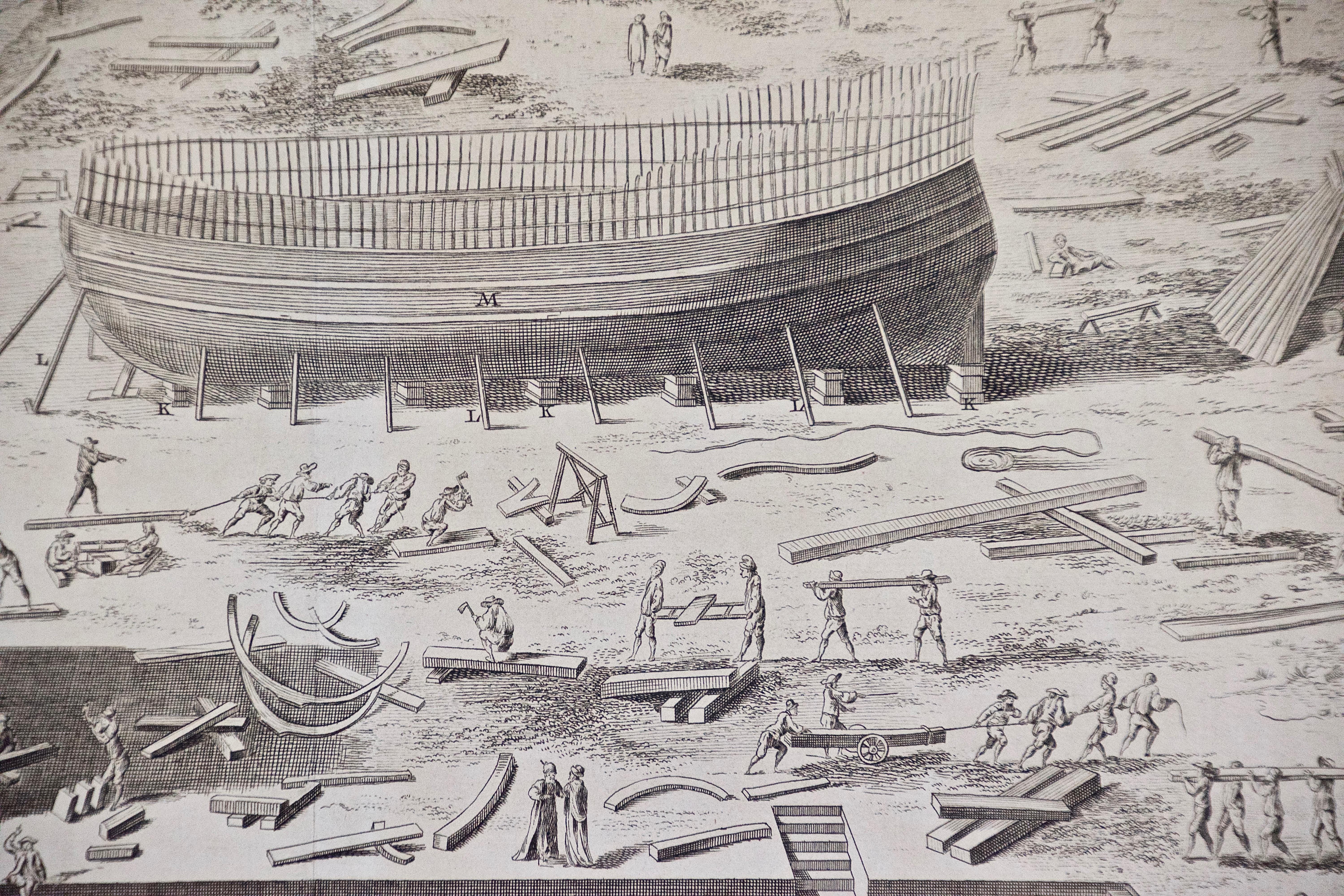 „Marine Chantier de Construction“: Gravur des Schiffsbaus von Diderot aus dem 18. Jahrhundert (Grau), Landscape Print, von Denis Diderot