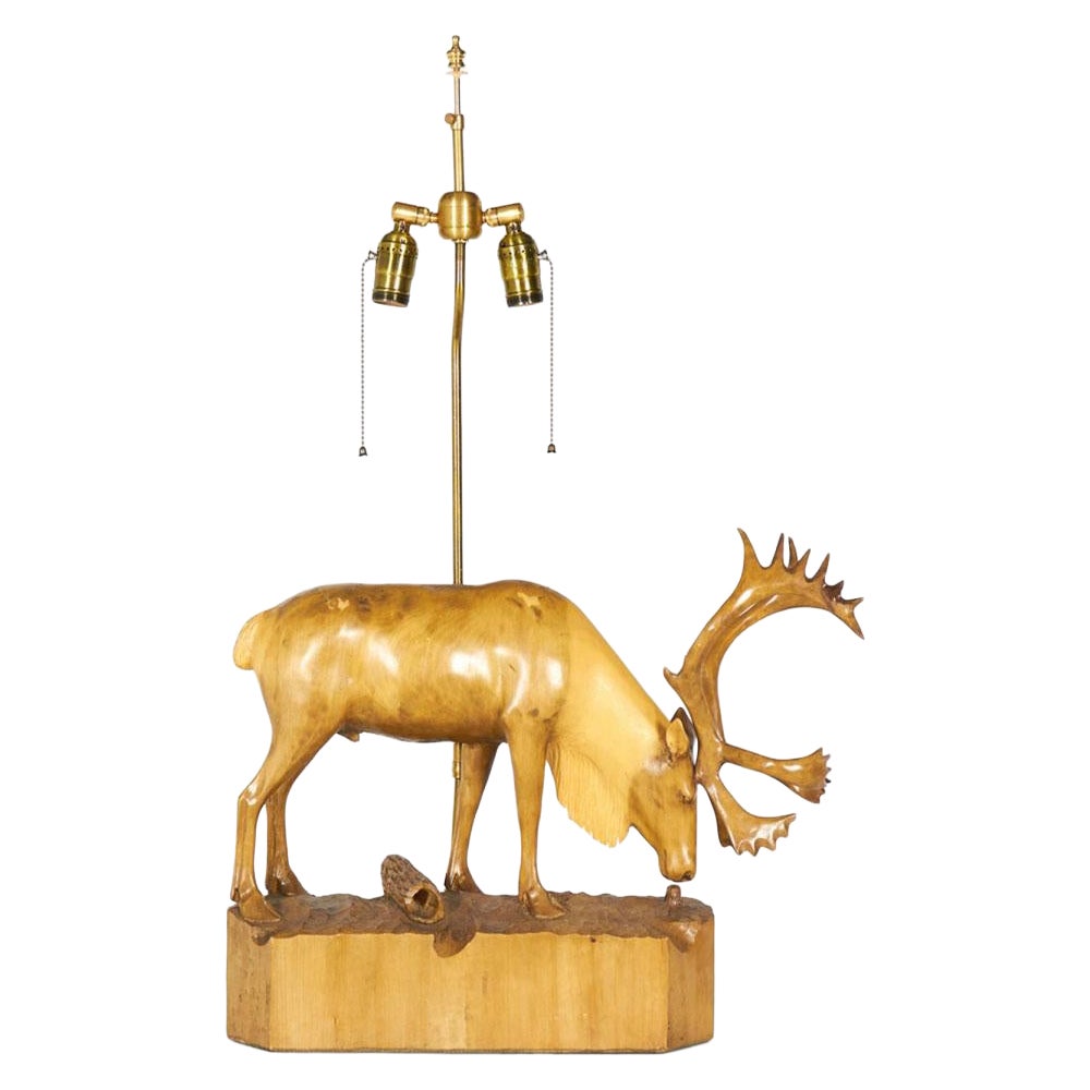 Denis Dube Canadian Carved Basswood Moose Table Lamp For Sale
