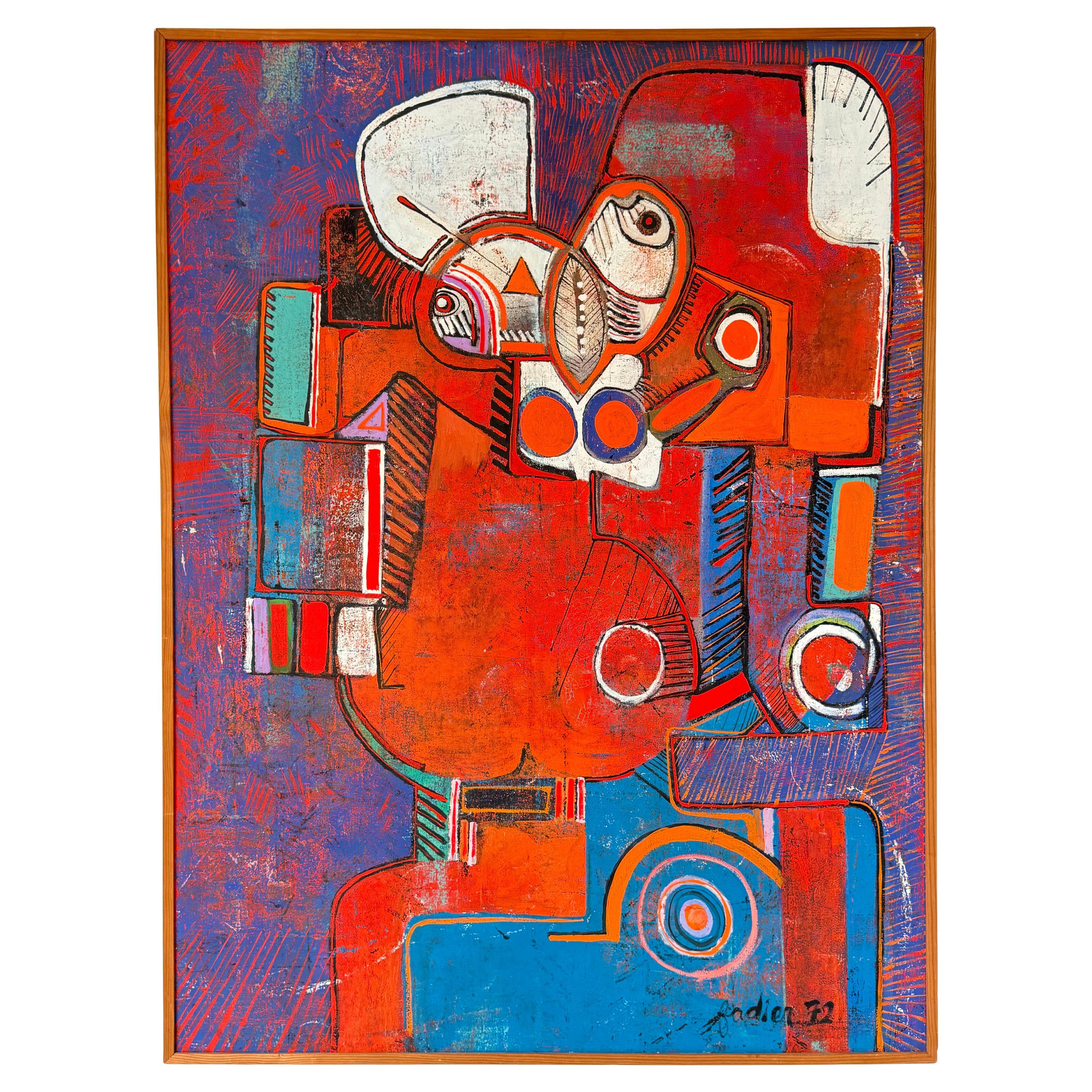 Denis FADIER, enorme quadro astratto surrealista, Olio su tela, Francia 1972