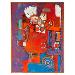 Denis FADIER, huge abstract surrealism painting, Oil on canvas, France 1972
