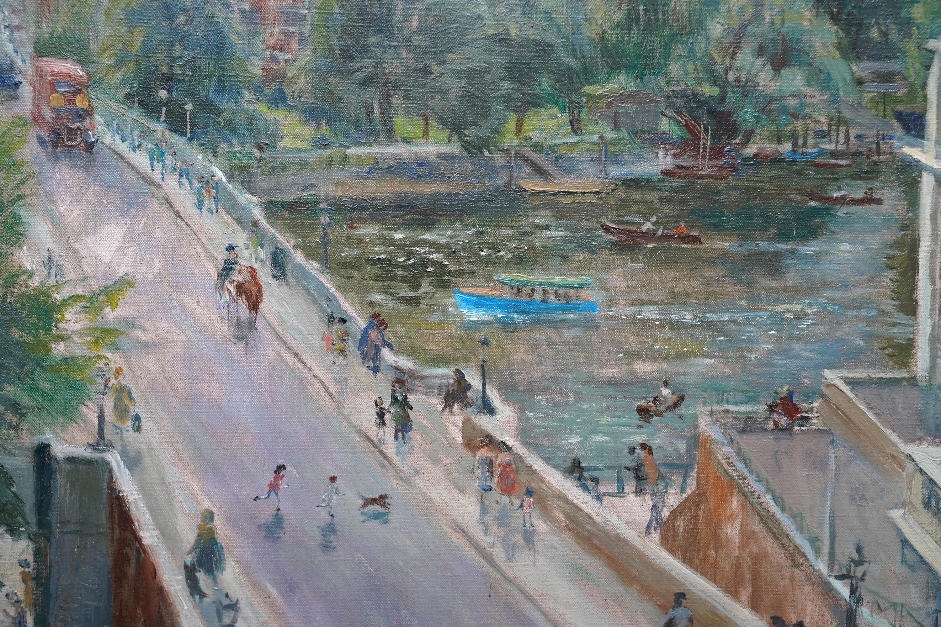 This lovely city landscape oil painting is by noted British artist Dennis Gilbert. Painted in 1970 from an elevated perspective, the composition is of Richmond Bridge, spanning the River Thames. The large building on the right of the bridge in the