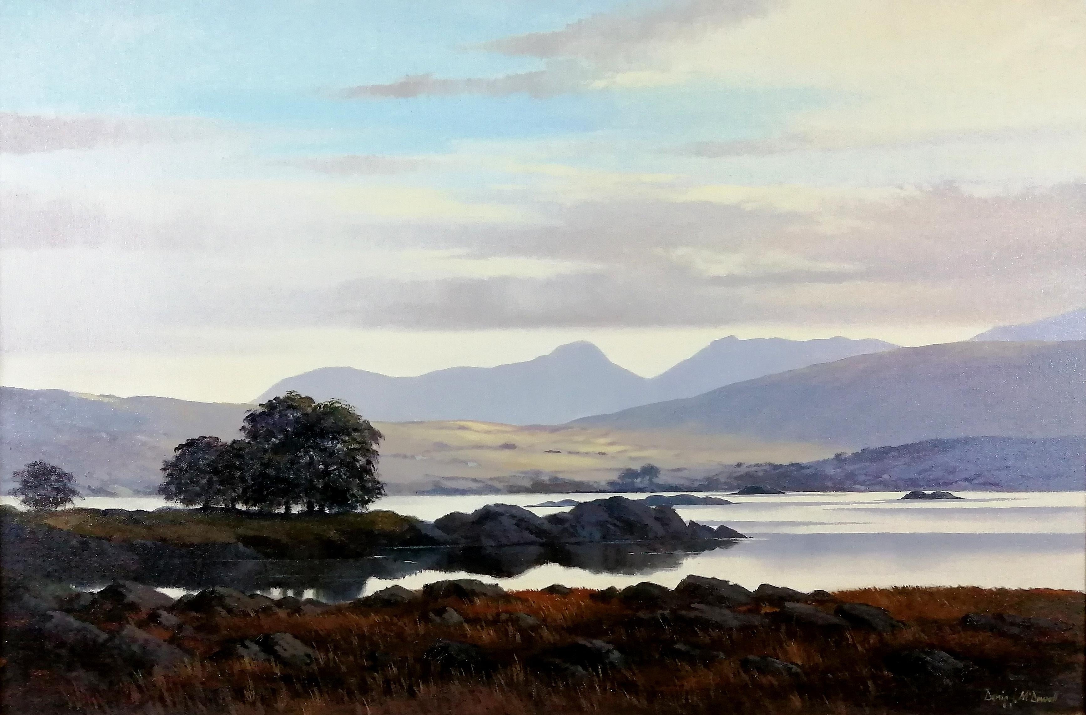 Contrasti, Screebe Lough Connemera - Grande dipinto di paesaggio irlandese del XX secolo - Painting di Denis J. McDowell