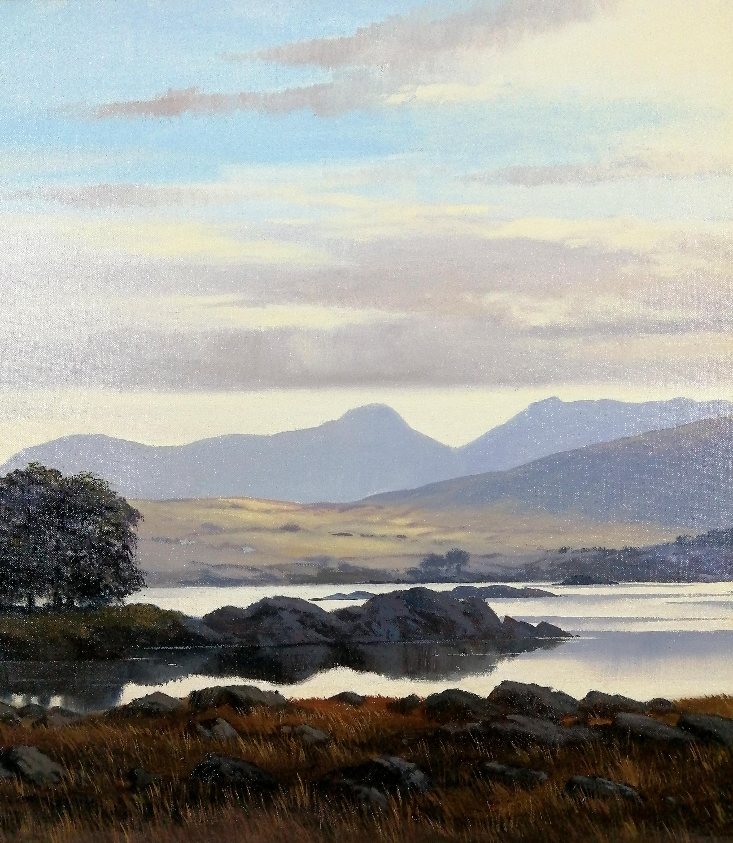 Contrasti, Screebe Lough Connemera - Grande dipinto di paesaggio irlandese del XX secolo - Landscape Painting Marrone di Denis J. McDowell