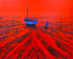 À Droite - Boats In The Ocean - Red Painting by Denis Lebecqs