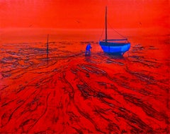 À Gauche - Boats Seascape - Red Painting by Denis Lebecqs