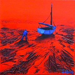 À La Traîne - Ocean Landscape - Red Painting by Denis Lebecqs