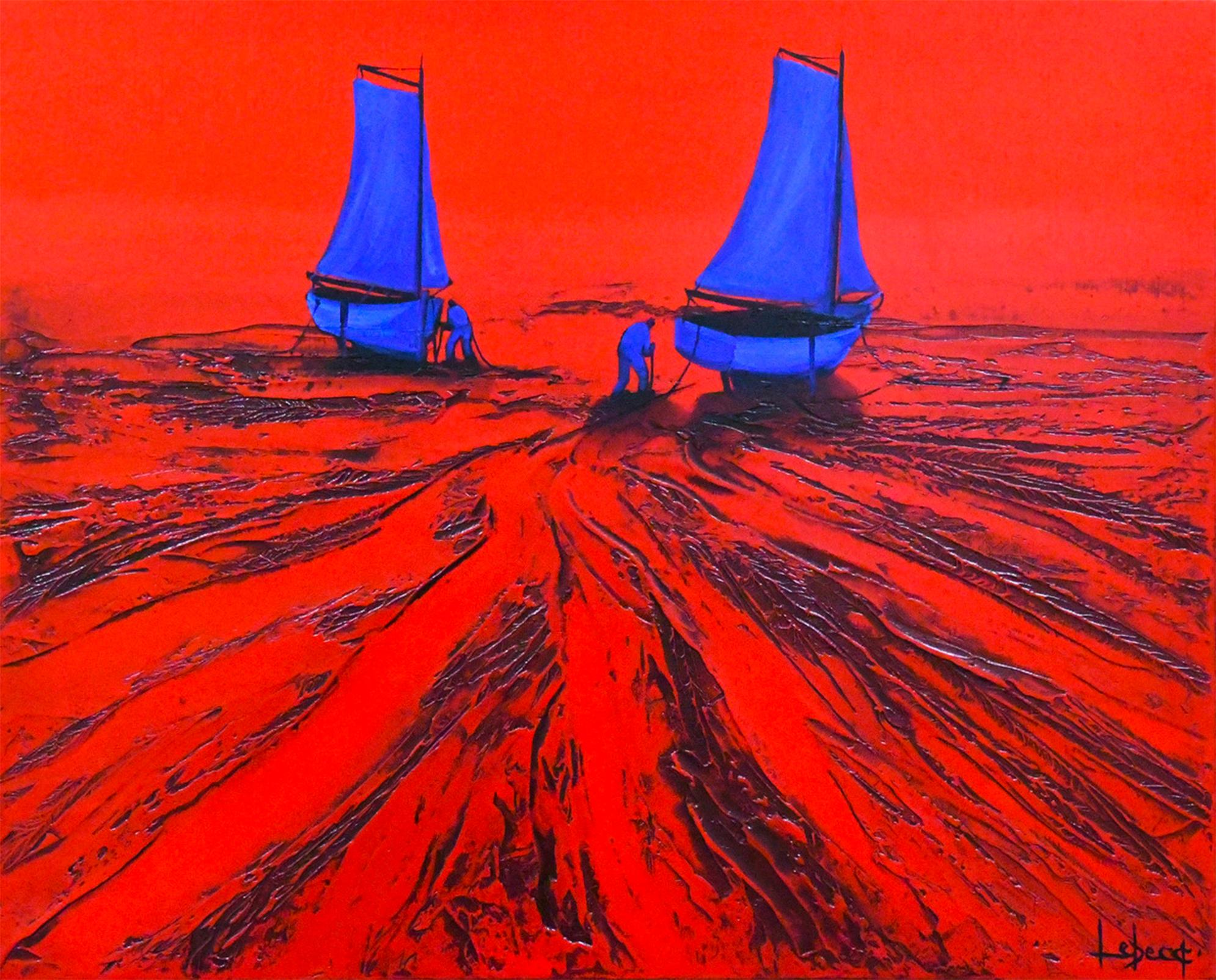 Denis Lebecq À Droite Boats In The Ocean Red Painting by Denis