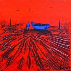 Étoile éclatée dans le sable - Ocean Landscape - Red Painting by Denis Lebecqs
