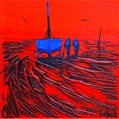 Frères Face À La Marée - Ocean Landscape - Red Painting by Denis Lebecqs