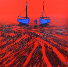Jumeaux - Ocean Landscape - Red Painting by Denis Lebecqs