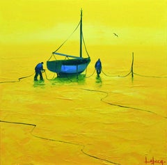 L’aube D’une Bonne Journée - Boats Landscape - Yellow Painting by Denis Lebecqs