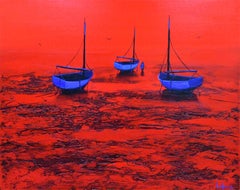 Point De Vue Alternatif - Ocean Landscape - Red Painting by Denis Lebecqs