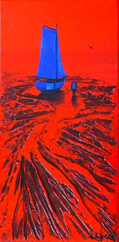 Solitude - Ocean Landscape - Red Painting by Denis Lebecqs