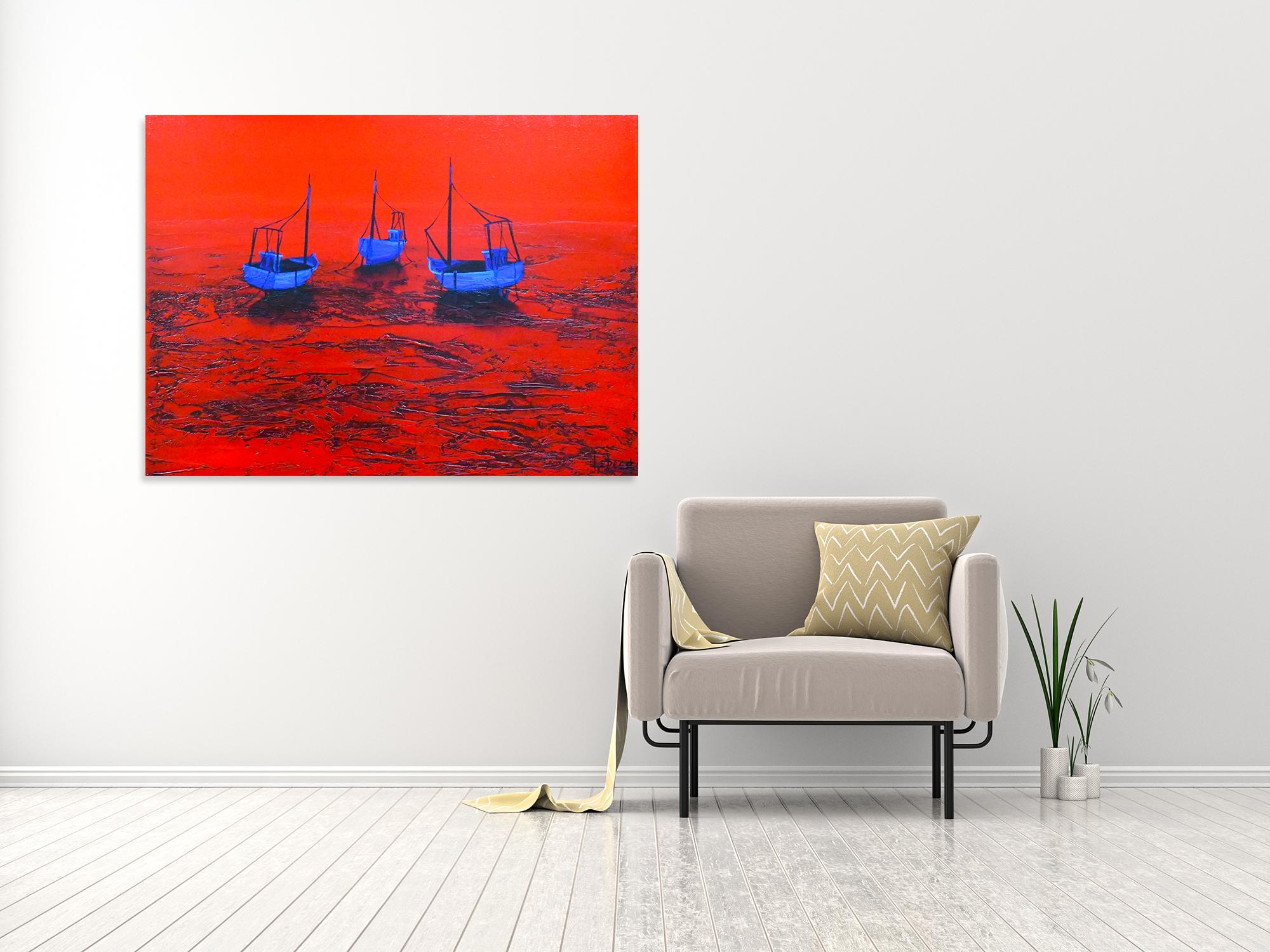 Trois Bateaux - Ocean Landscape - Red Painting by Denis Lebecqs 1