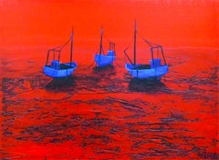 Trois Bateaux - Ocean Landscape - Red Painting by Denis Lebecqs