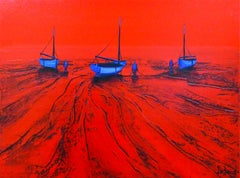 Trois Bateaux Sur L'eau - Ocean Landscape - Red Painting by Denis Lebecqs