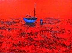 Trouver La Dernière Prise - Ocean Landscape - Red Painting by Denis Lebecqs
