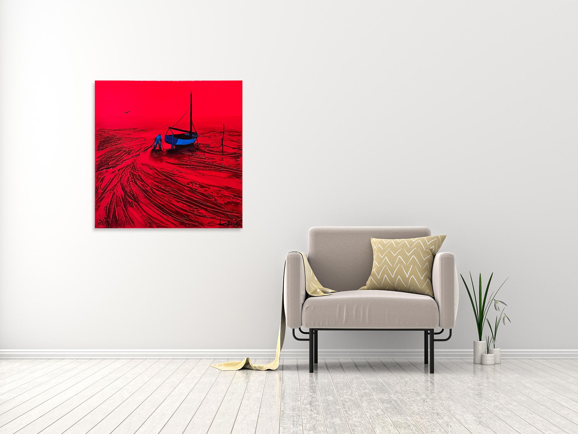 Un Homme Et Son Bateau - Paesaggio oceanico - Quadro rosso di Denis Lebecqs 1