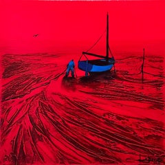 Un Homme Et Son Bateau - Ocean Landscape - Red Painting by Denis Lebecqs