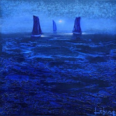 Vagues Au Clair De Lune - Boats In The Ocean Painting by Denis Lebecqs