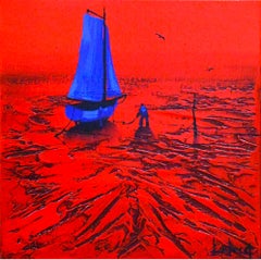 Voiles Déployées - Ocean Landscape - Red Painting by Denis Lebecqs