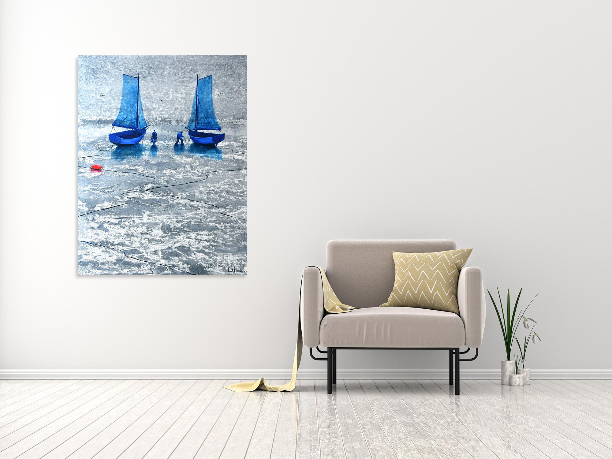 Voiles Jumelées - Ocean Landscape - Boats White & Blue Painting by Denis Lebecqs 1