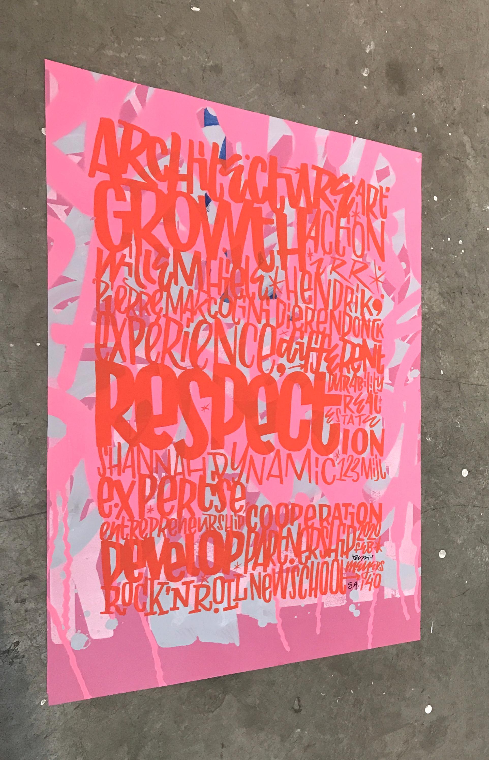 Growth - A print by Denis Meyers with bright pink and red overlayed text For Sale 1