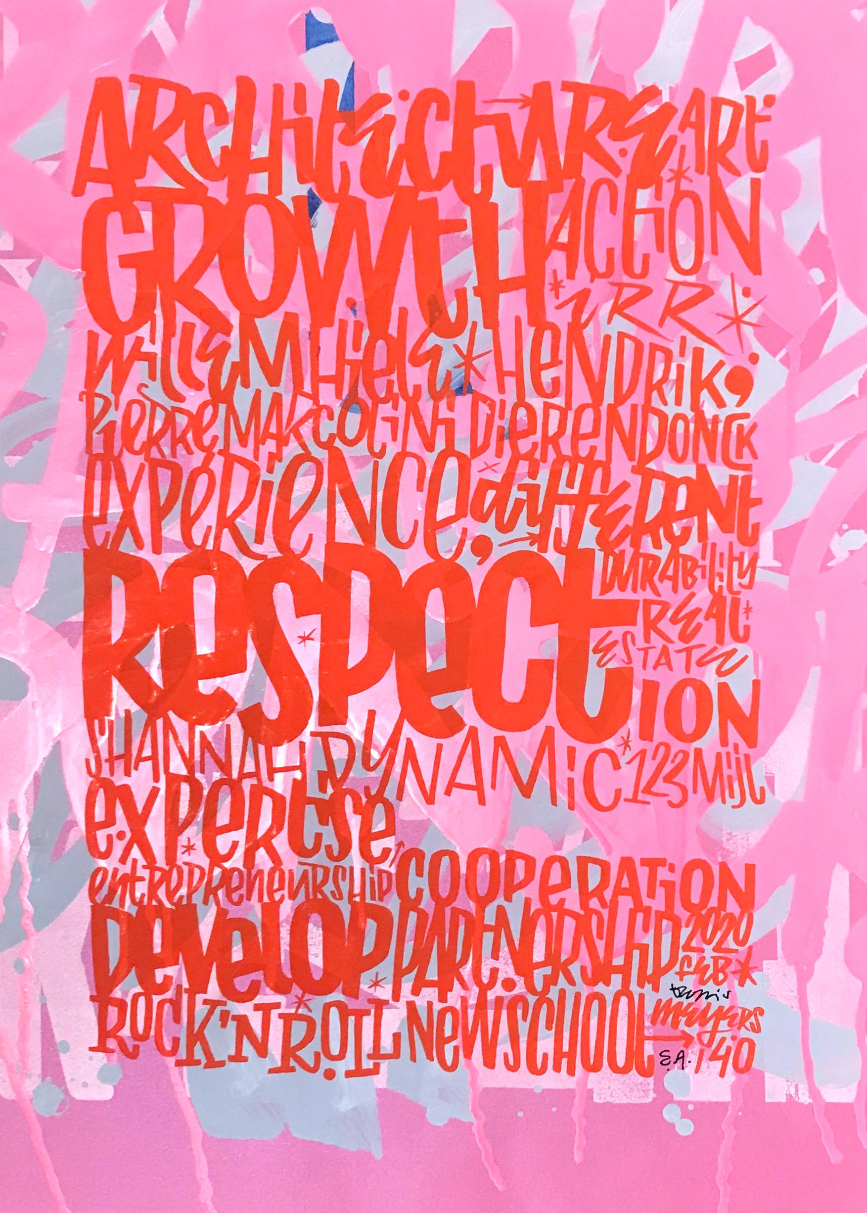 Growth - A print by Denis Meyers with bright pink and red overlayed text For Sale 2