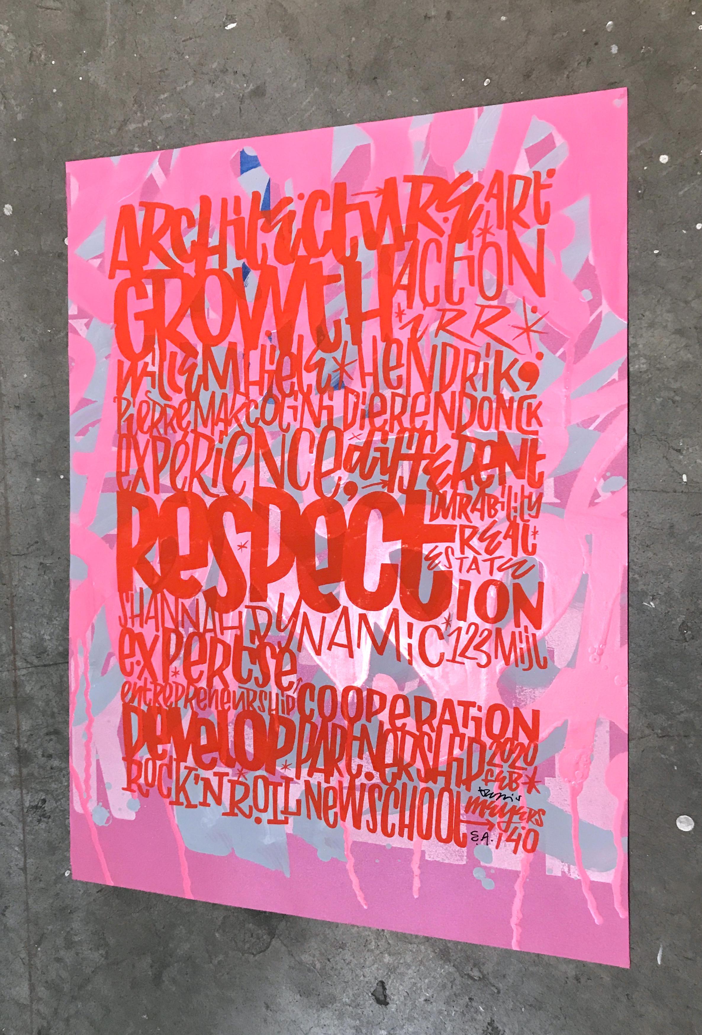 Growth - Une impression de Denis Meyers avec un texte recouvert de rose vif et de rouge en vente 3