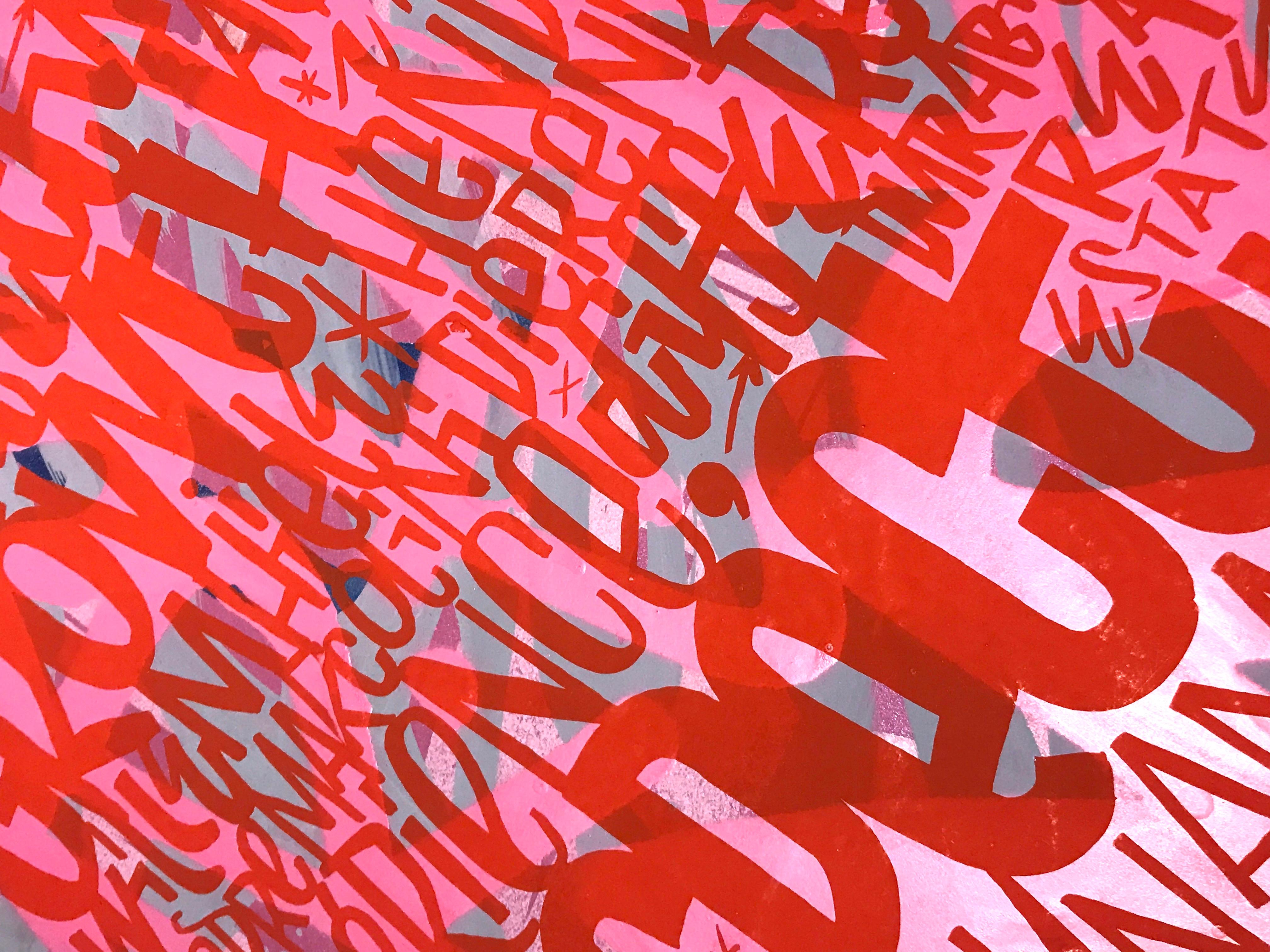 Growth - Une impression de Denis Meyers avec un texte recouvert de rose vif et de rouge en vente 4