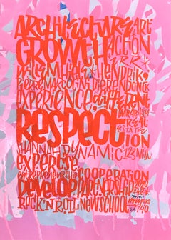 Growth - A print by Denis Meyers with bright pink and red overlayed text
