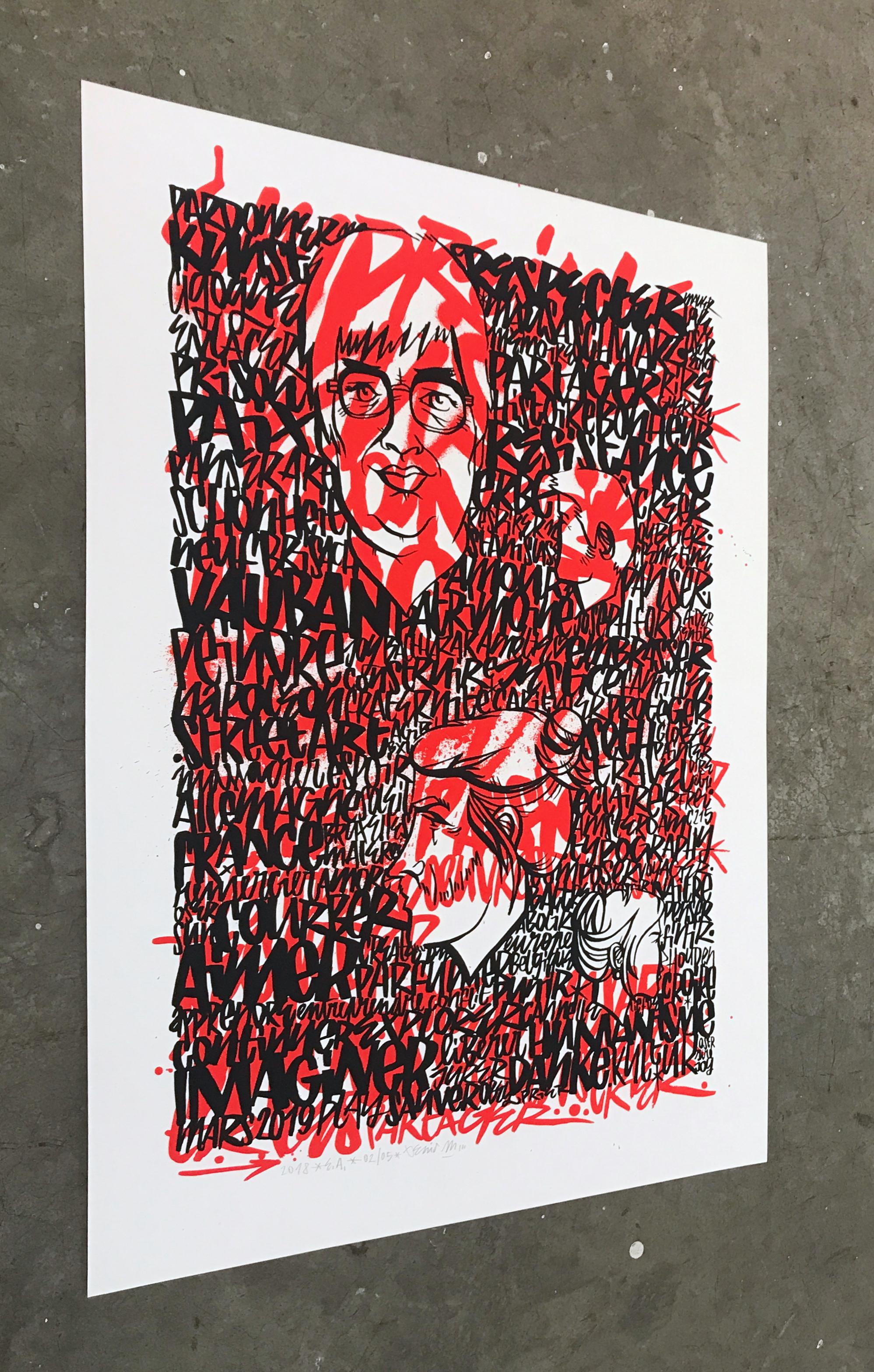IMAGINER - Une impression de Denis Meyers avec des textes superposés en noir et rouge. en vente 1