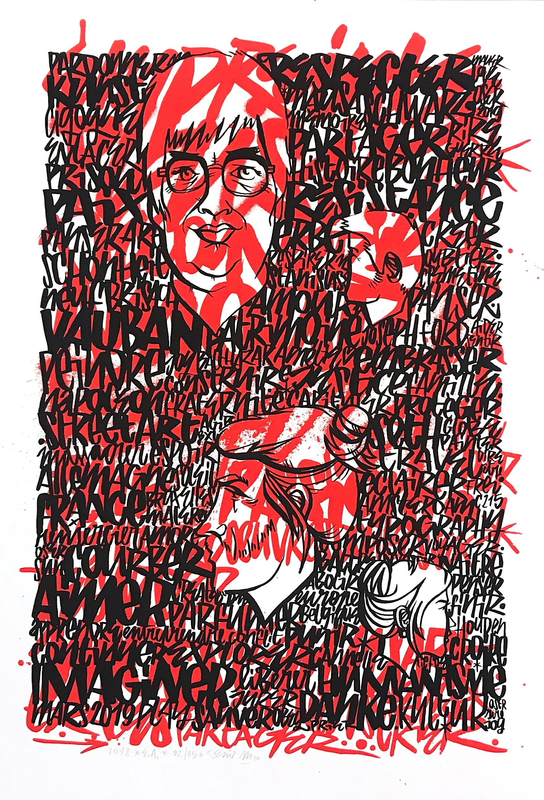 IMAGINER - A Print by Denis Meyers with layered texted in Black and Red For Sale 1