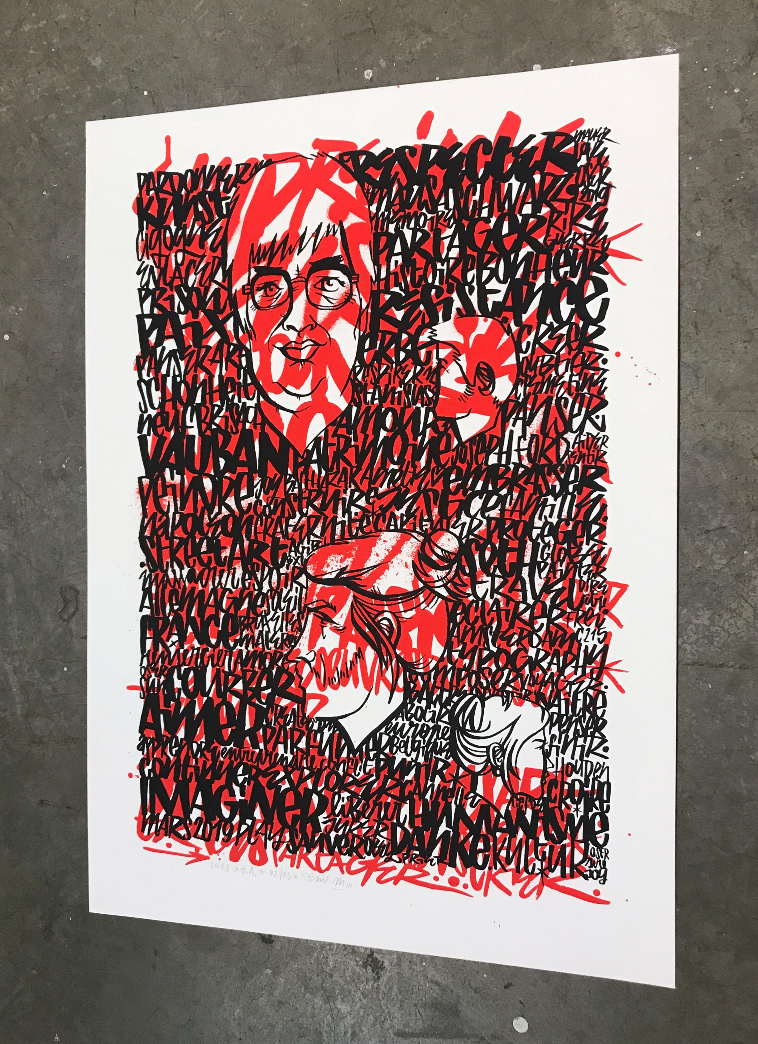 IMAGINER - Une impression de Denis Meyers avec des textes superposés en noir et rouge. en vente 3