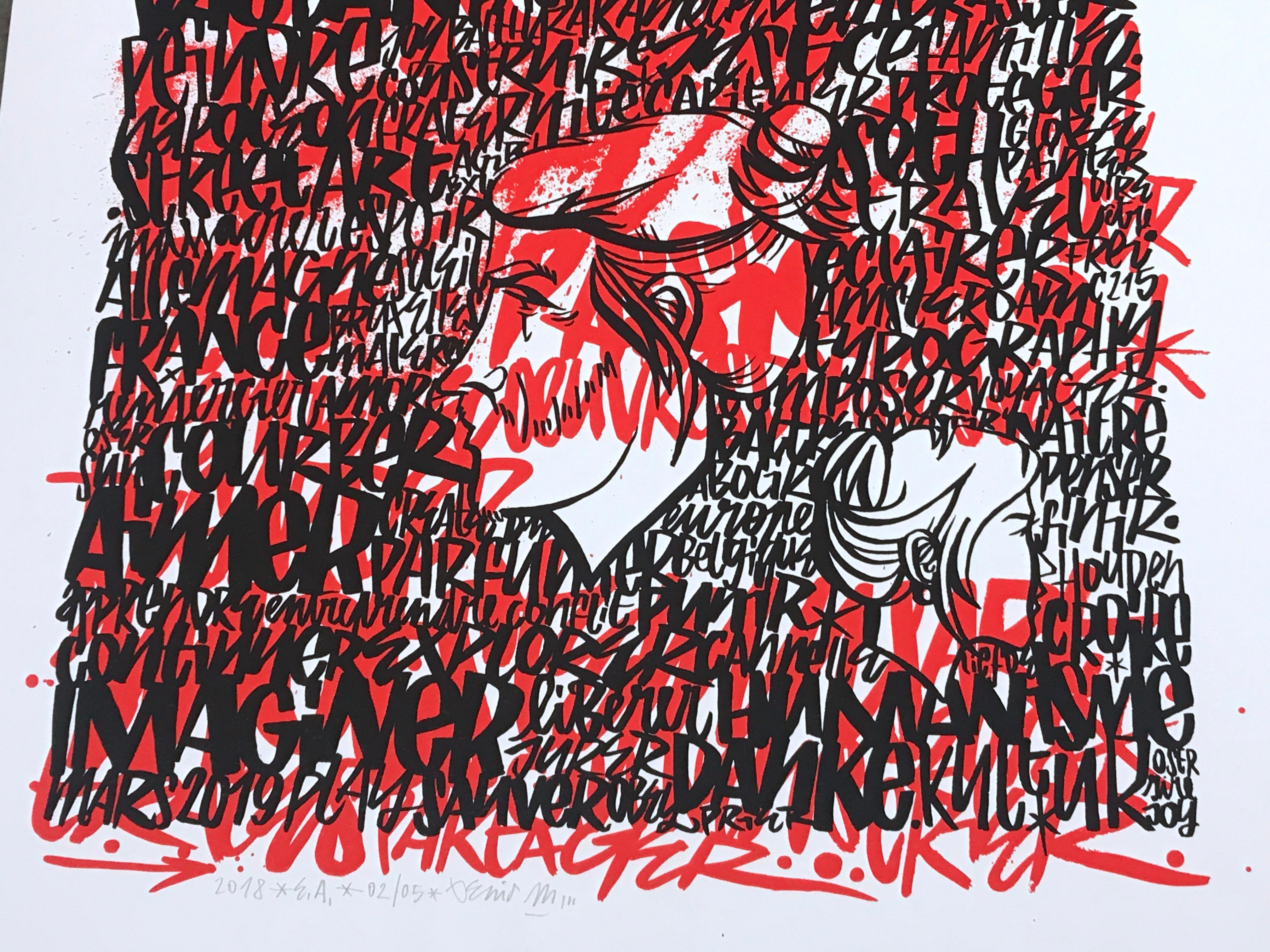 IMAGINER – Ein Druck von Denis Meyers mit geschichtetem Text in Schwarz und Rot im Angebot 4