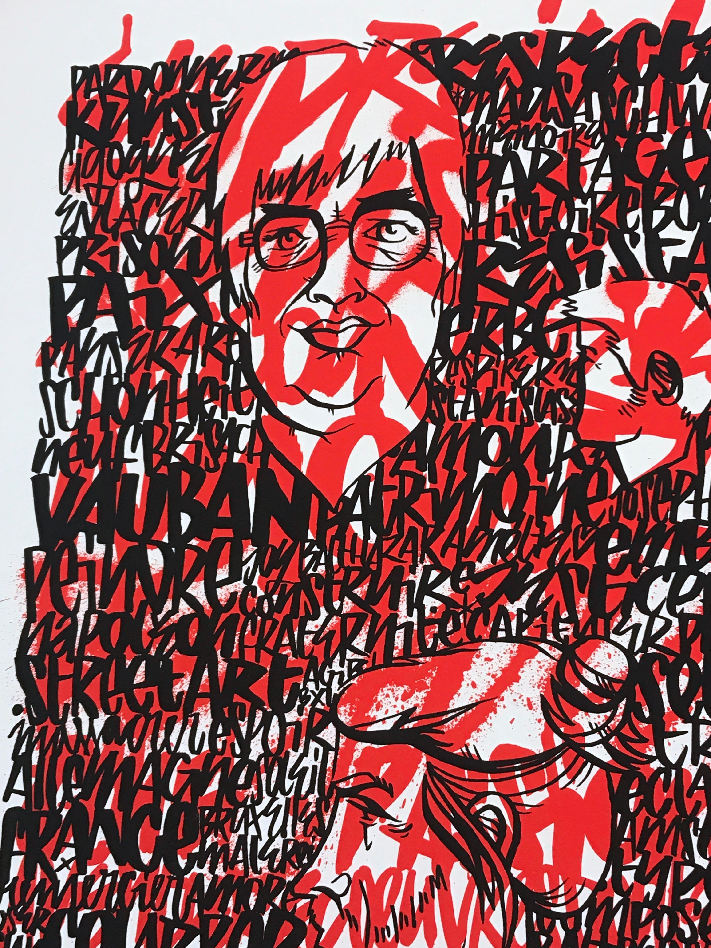 IMAGINER - Une impression de Denis Meyers avec des textes superposés en noir et rouge. en vente 5